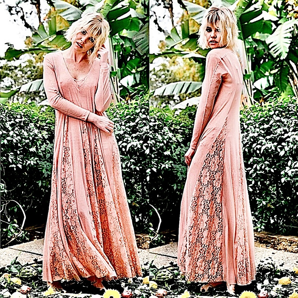 Revolve We Are HAH Mama C Sheer Lace V Neck Maxi Dress Copper Rose Pink Size XS